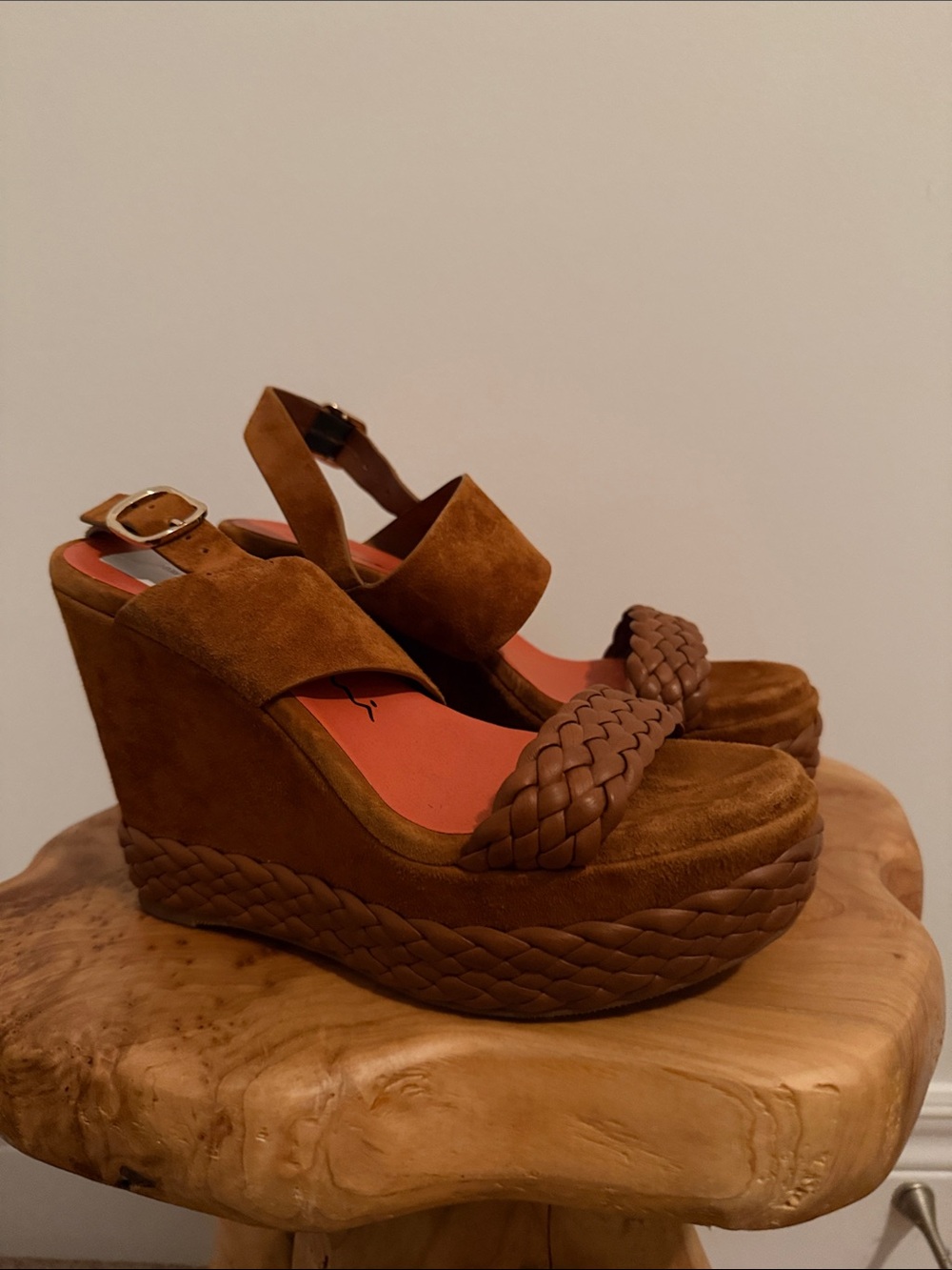 NWOT Santoni Tan Suede Braided Wedge Sandals
